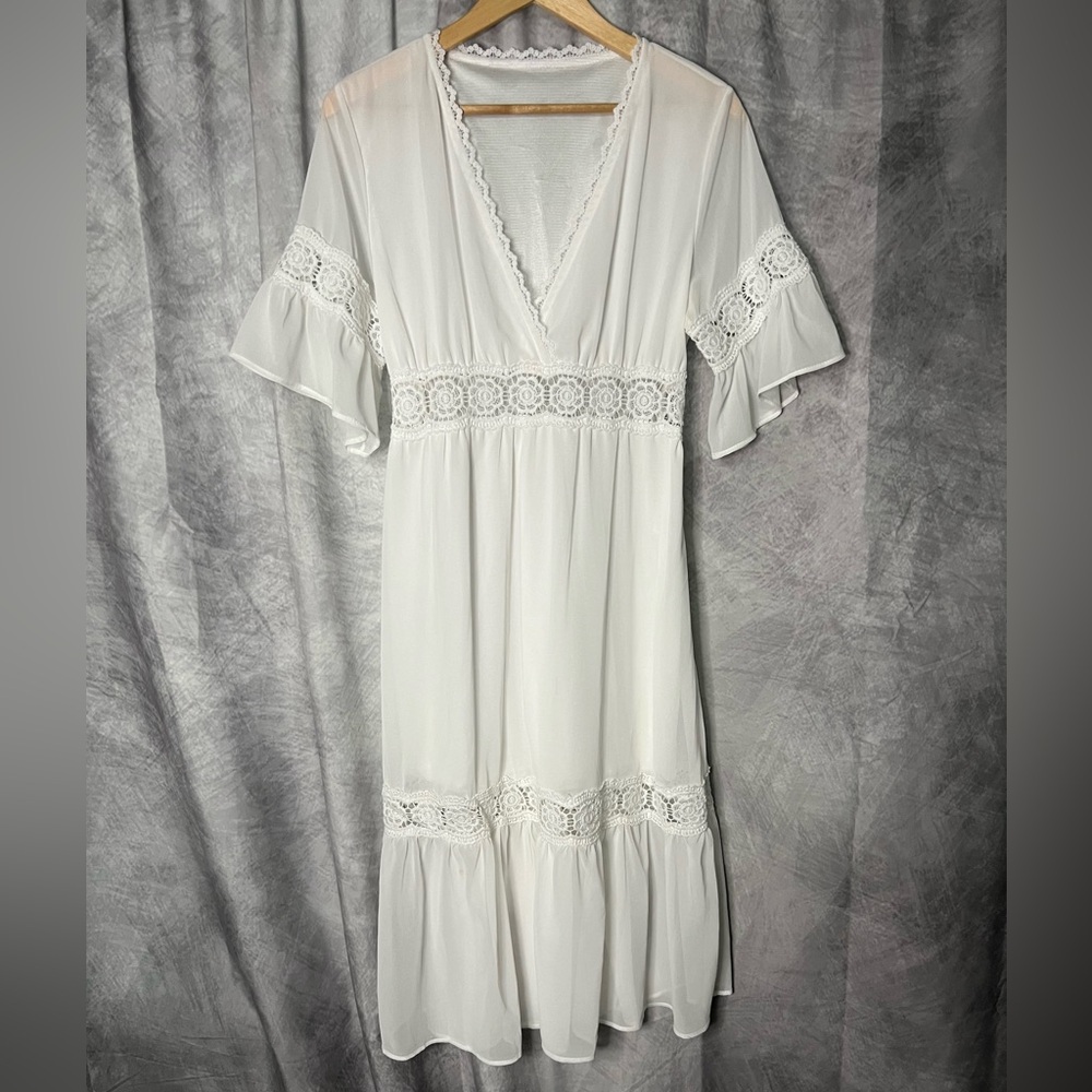 Women’s Short Sleeves Chiffon Semi-Sheer Sexy V Neck Flowy Casual Dress Boho - Picture 10 of 15